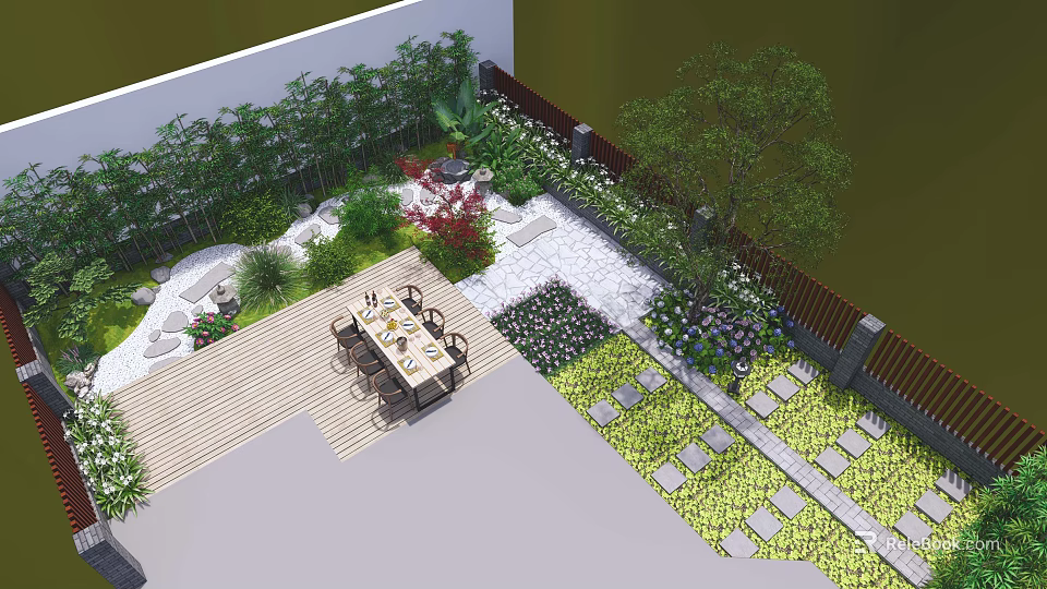 Charming Garden Featuring Outdoor Dining Area Wooden Deck Stone Pathways And Lush Greenery 3d model 