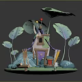 Cute Cartoon Scene Featuring Purple Leaf House Green Leaves Blue Stones Thread Spool and Logs