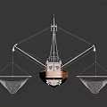Detailed Wooden Boat With Mast Ropes Fishing Net Small Cabin And Blue Containers