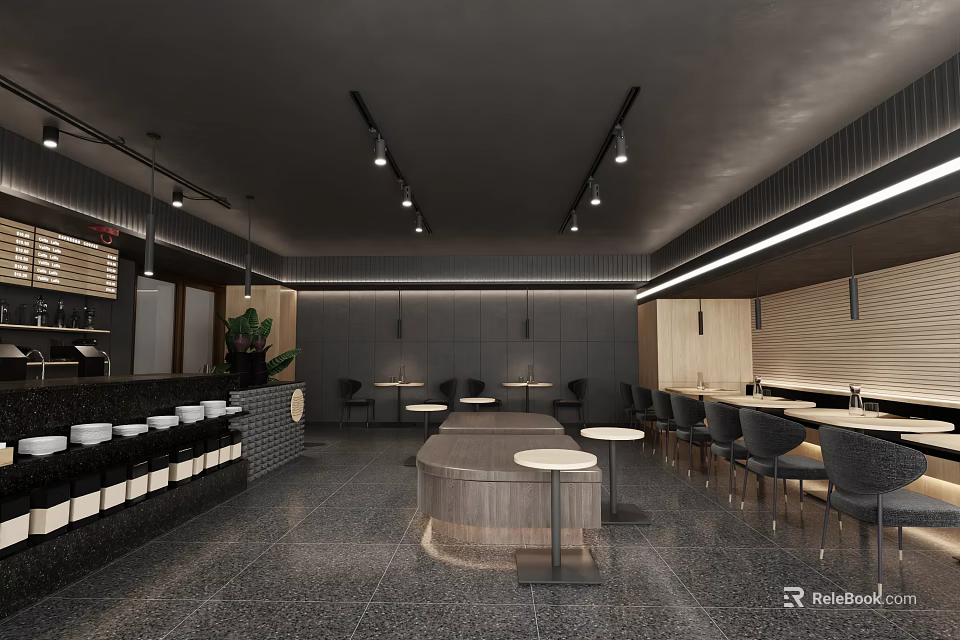 Modern Café Interior Design With Grey Walls Circular Tables High Chairs And Pendant Lights 3d model 