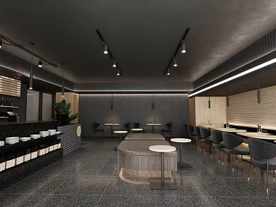 Modern Café Interior Design With Grey Walls Circular Tables High Chairs And Pendant Lights 3d model