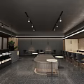 Modern Café Interior Design With Grey Walls Circular Tables High Chairs And Pendant Lights