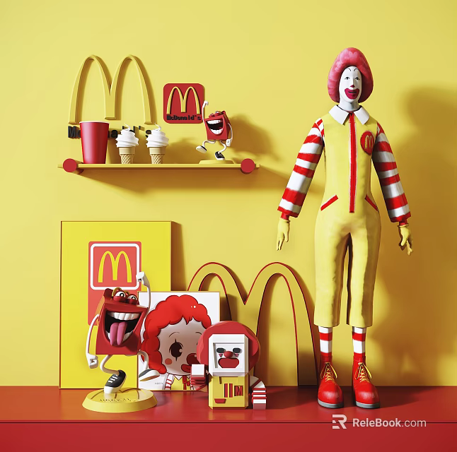 Decorative Ornament Set With McDonald's Logo Ronald McDonald Figure Red Cup Ice Cream Smiley Artwork 3d model 