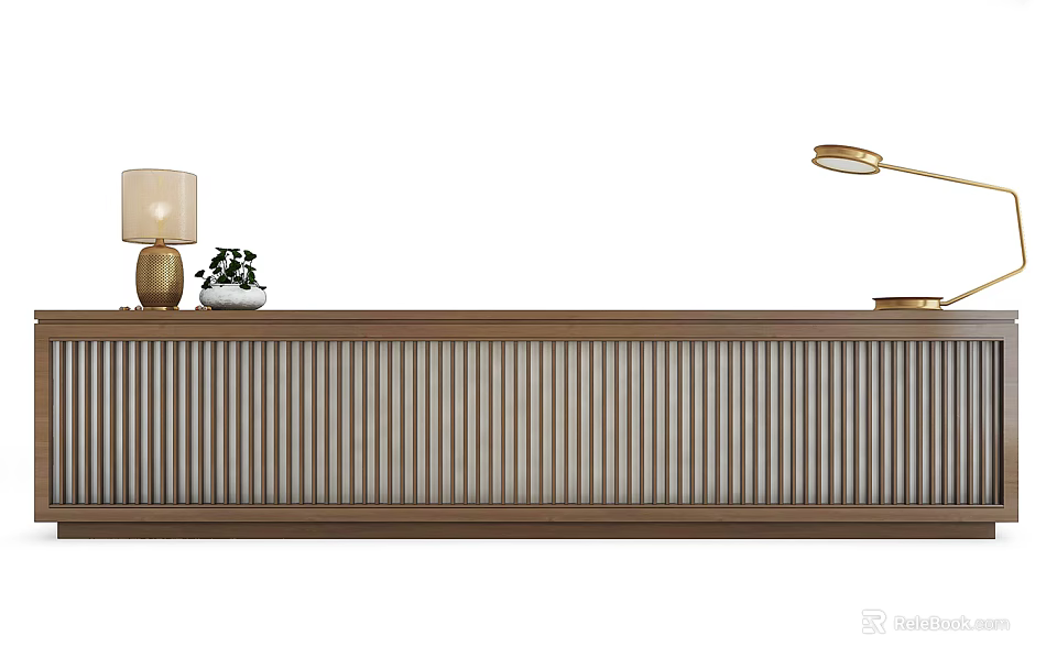 Modern Reception Desk With Wooden Striped Design Table Lamp And Decorative Items 3d model 