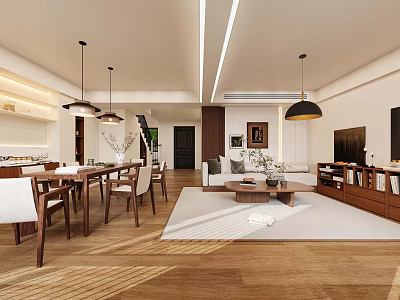Modern Duplex Living Room Interior With Wooden Floors Pendant Lights Sofa And Staircase 3d model