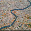 Detailed Urban Aerial Planning of City Layout with River Road Network and Green Spaces