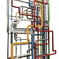 Colorful Industrial Pipe Structure With Red Blue Green And Gray Pipelines