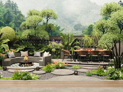 Stylish Courtyard Garden Design With Outdoor Sofa Dining Table Fire Pit And Lush Plants 3d model