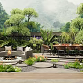 Stylish Courtyard Garden Design With Outdoor Sofa Dining Table Fire Pit And Lush Plants