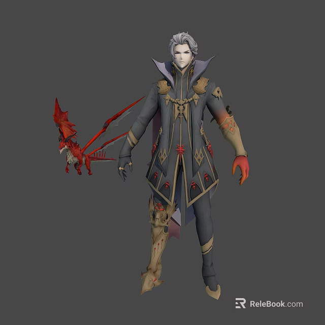 Gray Haired Character In Dark Outfit With Red Gold Accents And Red Winged Creature 3d model 