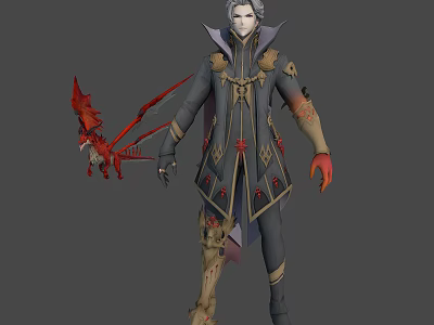 Gray Haired Character In Dark Outfit With Red Gold Accents And Red Winged Creature 3d model