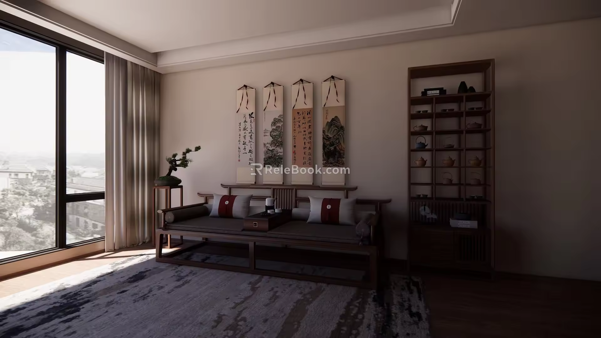 New Chinese style home guest restaurant sofa combination dining table and chair combination chandelier curtain loose shape 3d model