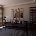New Chinese style home guest restaurant sofa combination dining table and chair combination chandelier curtain loose shape 3d model