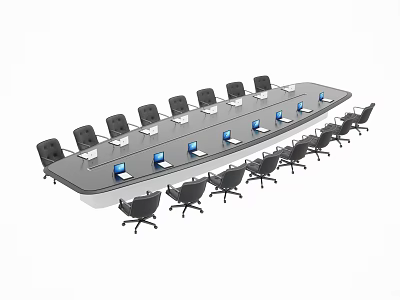 Modern Conference Table Setup With Black Chairs And Laptops For Business Meetings 3d model