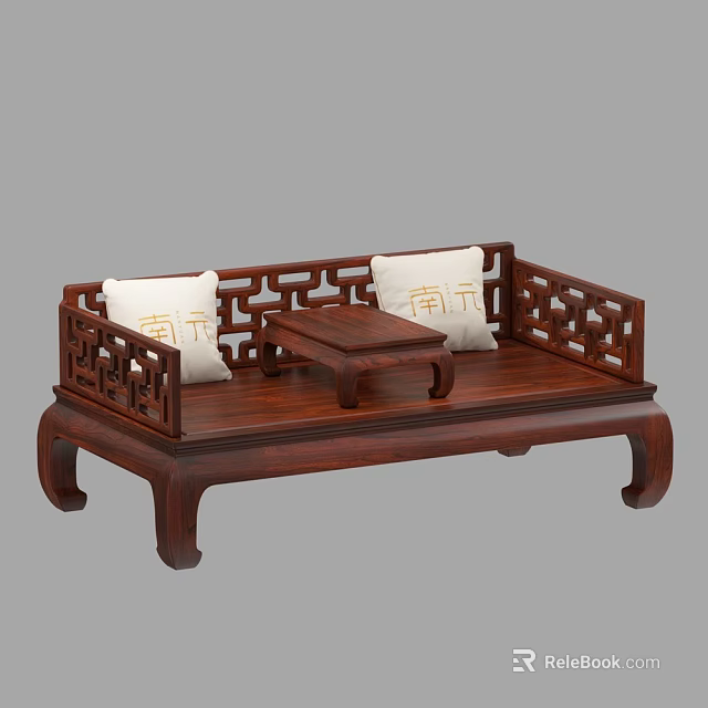 Traditional Chinese Wooden Luohan Bed With Carved Patterns Small Tea Table And Cushions 3d model 
