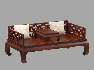 Traditional Chinese Wooden Luohan Bed With Carved Patterns Small Tea Table And Cushions 3d model