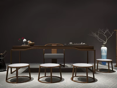 Chinese Style Wooden Tea Table and Chairs with Stools Vase and Branches Decoration 3d model