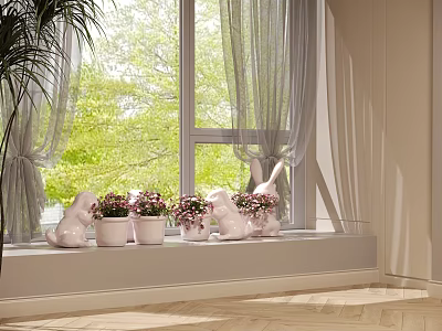 Bonsai Potted Plants on Window Sill with White Pots Pink Flowers and Small Animal Figurines 3d model