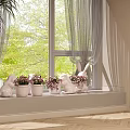 Bonsai Potted Plants on Window Sill with White Pots Pink Flowers and Small Animal Figurines