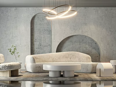 Modern Beige Sofa and Round Coffee Table Set with Arched Concrete Wall and Circular Chandelier 3d model