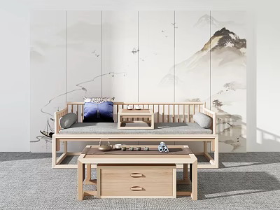 Chinese Multi Seat Sofa With Wooden Frame Grey Cushions Against Landscape Wall And Coffee Table 3d model