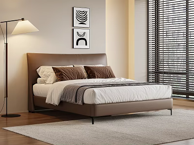 Double Bed With Brown Headboard White Sheets Gray Throw Pillows Floor Lamp And Window Blinds 3d model