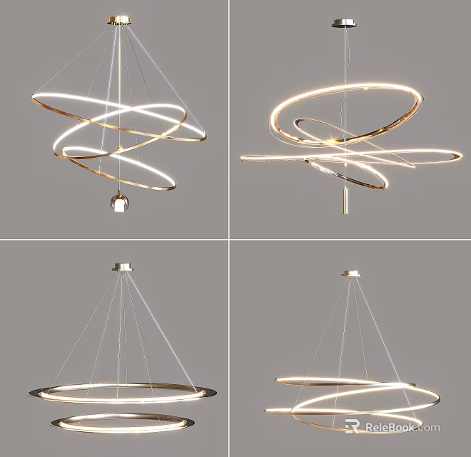 Stylish Modern Circular Chandelier Designs With Metallic Rings And LED Lighting 3d model 