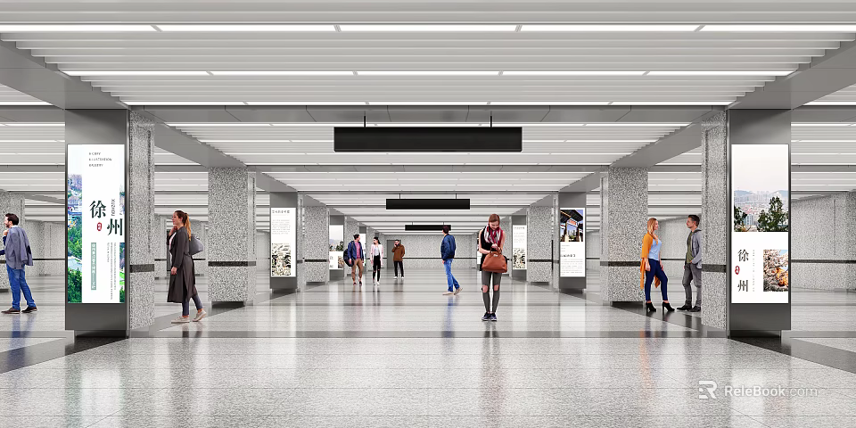 Modern Station Hall Interior Design With People Walking Smooth Floor Columns Billboards And Ceiling Lights 3d model 