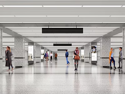 Modern Station Hall Interior Design With People Walking Smooth Floor Columns Billboards And Ceiling Lights 3d model