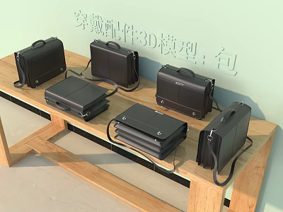 Black Leather Bags 3D Model Display On Wooden Shelf With Detailed Design 3d model