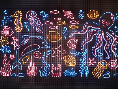 Vibrant Neon Marine Life Photo Check In Spot With Seahorse Octopus And Dolphin 3d model