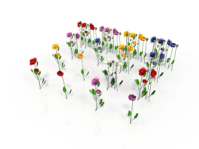 Colorful Flowers with Green Stems and Leaves Arranged in Circular Pattern on White Background 3d model