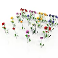 Colorful Flowers with Green Stems and Leaves Arranged in Circular Pattern on White Background