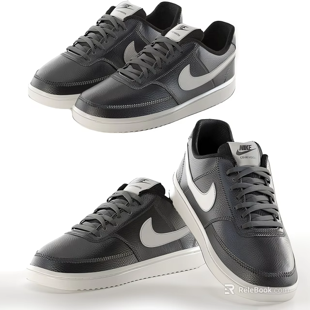 Nike Black Low Top Leather Sneakers With White Logo Lace Up And White Sole 3d model 