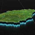 3D Geographical Map With Green Terrain Blue Contour Lines And Grid Background