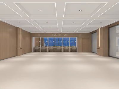 Spacious Modern Hall Interior With Wooden Walls White Square Ceiling Recessed Lighting And Blue Screens 3d model