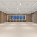 Spacious Modern Hall Interior With Wooden Walls White Square Ceiling Recessed Lighting And Blue Screens