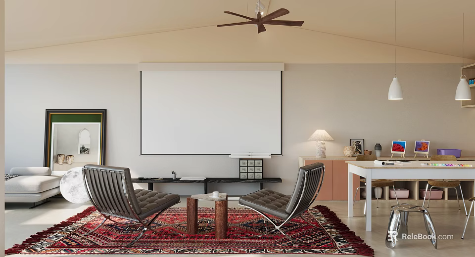 Modern Lounge Room Interior With Projection Screen Leather Chairs Coffee Table Rug And Ceiling Fan 3d model 