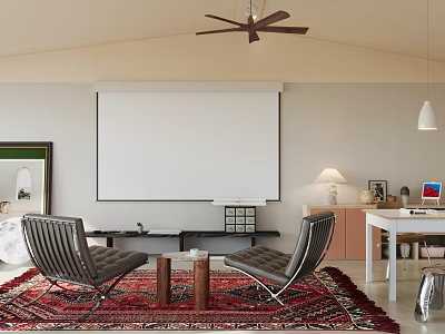 Modern Lounge Room Interior With Projection Screen Leather Chairs Coffee Table Rug And Ceiling Fan 3d model