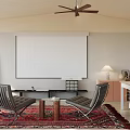 Modern Lounge Room Interior With Projection Screen Leather Chairs Coffee Table Rug And Ceiling Fan