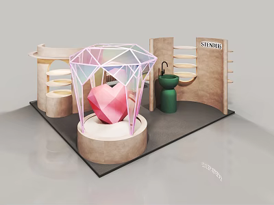 Modern Diamond Shaped Display Shelves With Pink Decor And Beige Green Accents 3d model