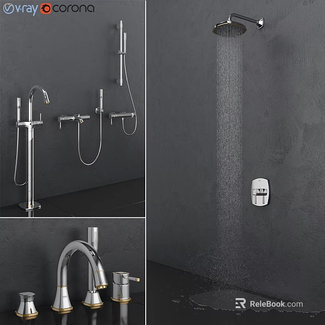 Modern Bathroom Faucet with Stainless Steel Finish and Handheld Shower on Black Wall 3d model 