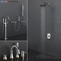 Modern Bathroom Faucet with Stainless Steel Finish and Handheld Shower on Black Wall
