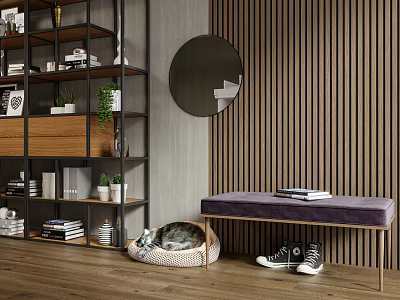 Elegant Entryway Design with Wooden Shelf Round Mirror Bench Cat Bed Potted Plants and Shoes 3d model