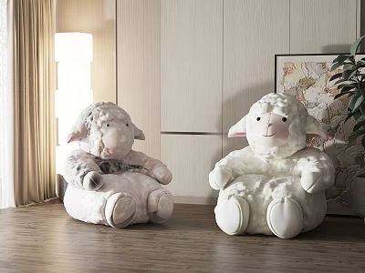 Two Soft Fluffy Sheep Plush Dolls In Modern Living Room Interior 3d model