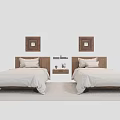 Two Single Beds With Framed Wall Art Above Nightstand Soft Pillows And Neutral Bed Linens
