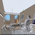 Modern Hotel Guest Room Interior With Sofa Bed Gaming Chairs Computers And Curtain Windows