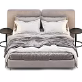 Double Bed with Beige Upholstered Headboard White Pillows Gray Blanket and Black Nightstand