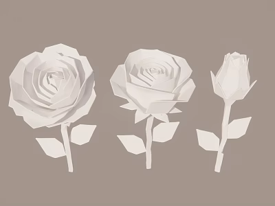 Three White Rose Carved Sculptures Origami Style Low Poly Brown Background 3d model