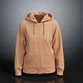Light Brown Hooded Zip Up Sweatshirt Featuring Front Pocket And Long Sleeves